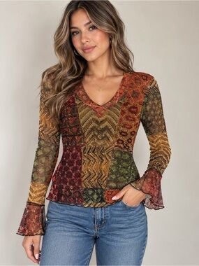 Y2K Mesh Patchwork Bell Sleeve Top Multicolor Abstract Sheer Blouse S made in US